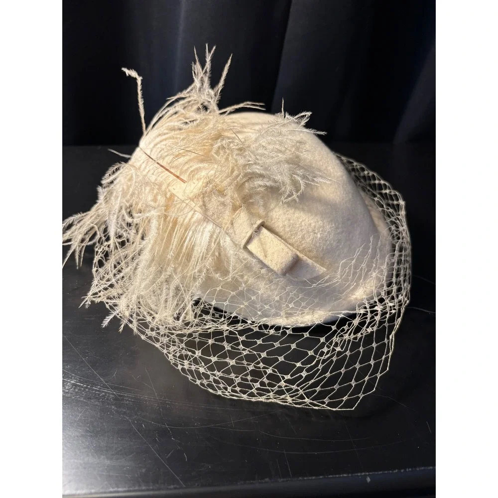 Vintage Cream Wool Felt Pillbox Hat with Veil Bow and Ostrich Feathers Ivory